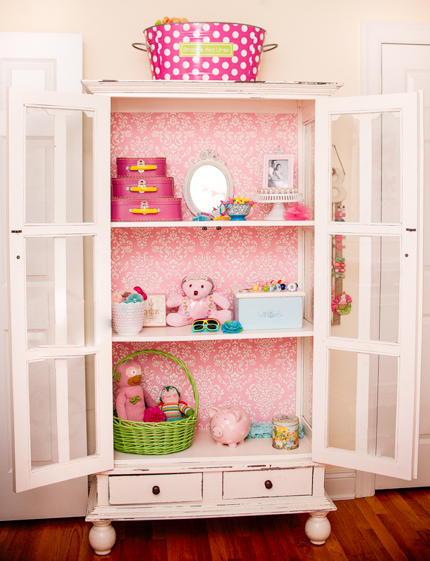 Vintage Baby Girl Nursery Bookshelf with Toys