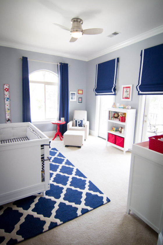 Boy Gray, Navy and Red Nursery Room View