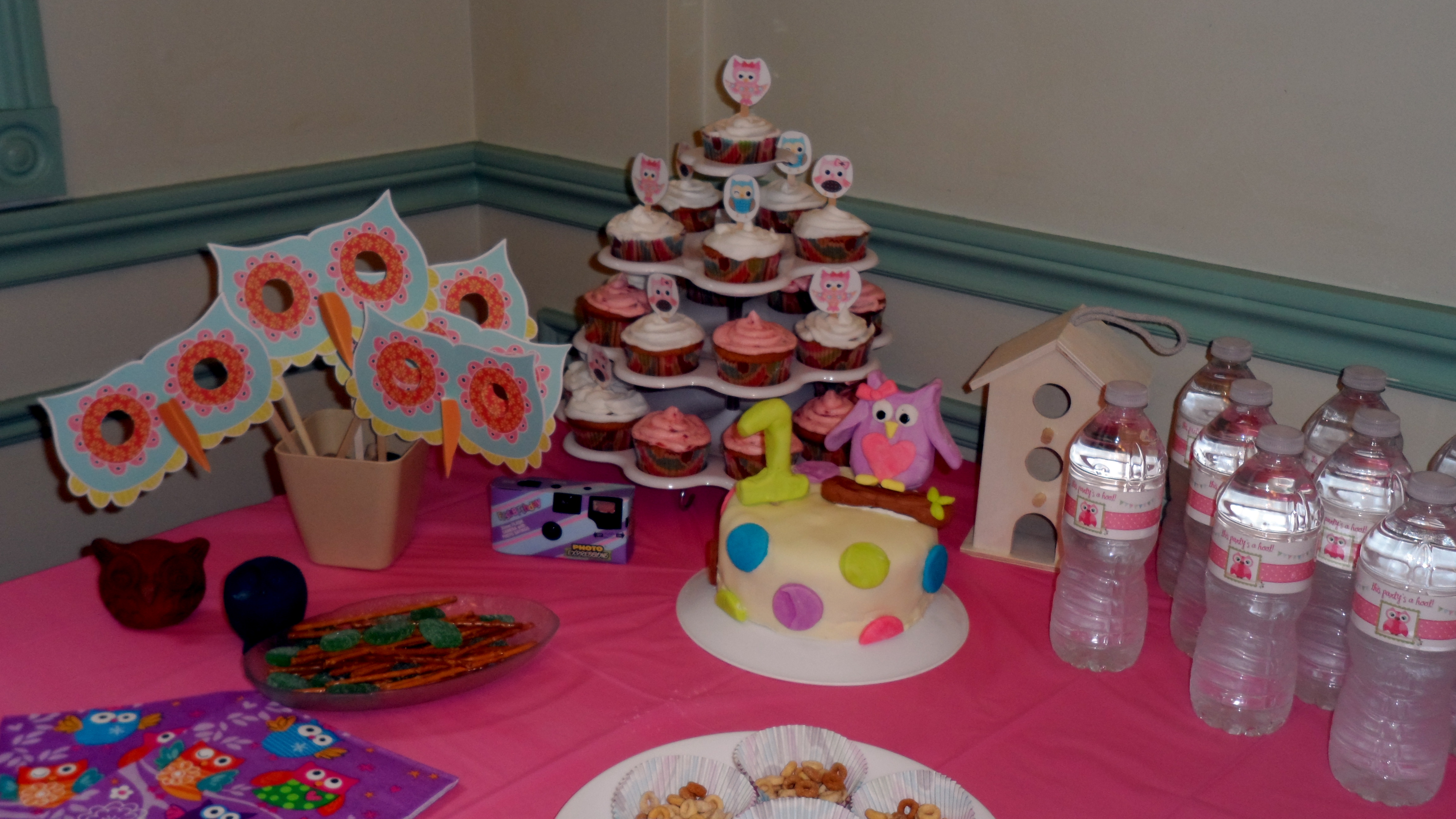 Girl Owl First Birthday Party Sweets Table