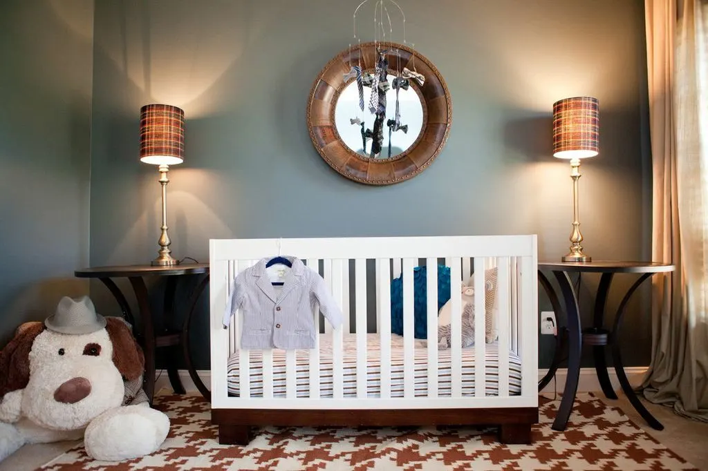 Suit and Tie Themed Boy's Nursery with houndstooth rug plaid lamps tie mobile and leather mirror