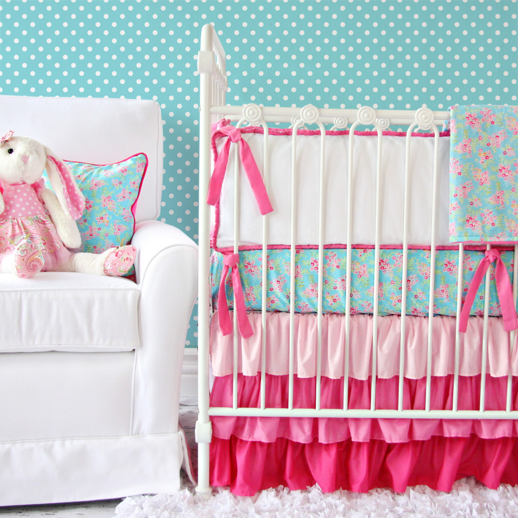 Pink and Aqua Floral Crib Bedding