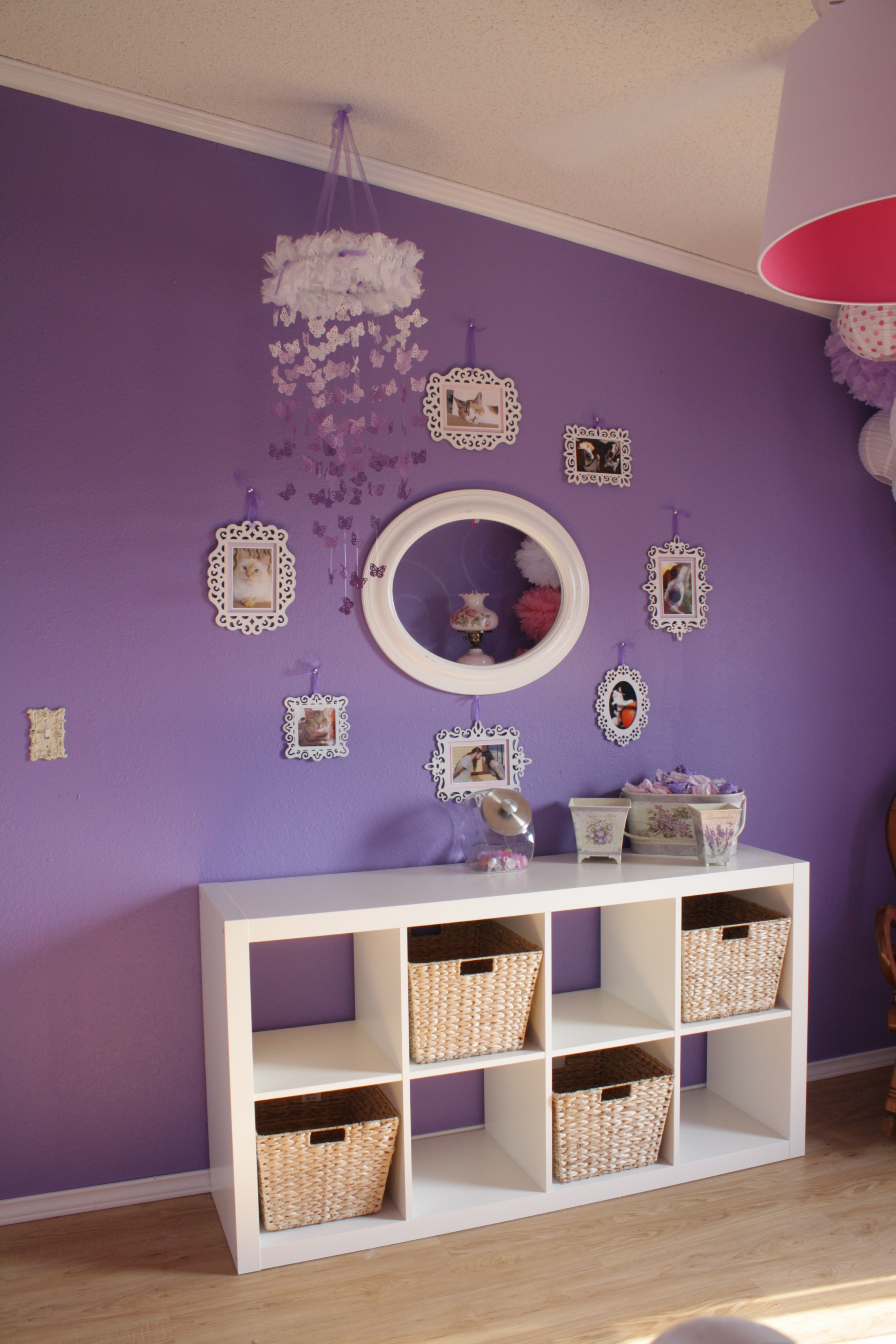 Purple Girl Nursery Wall with Storage Bins and Mirror