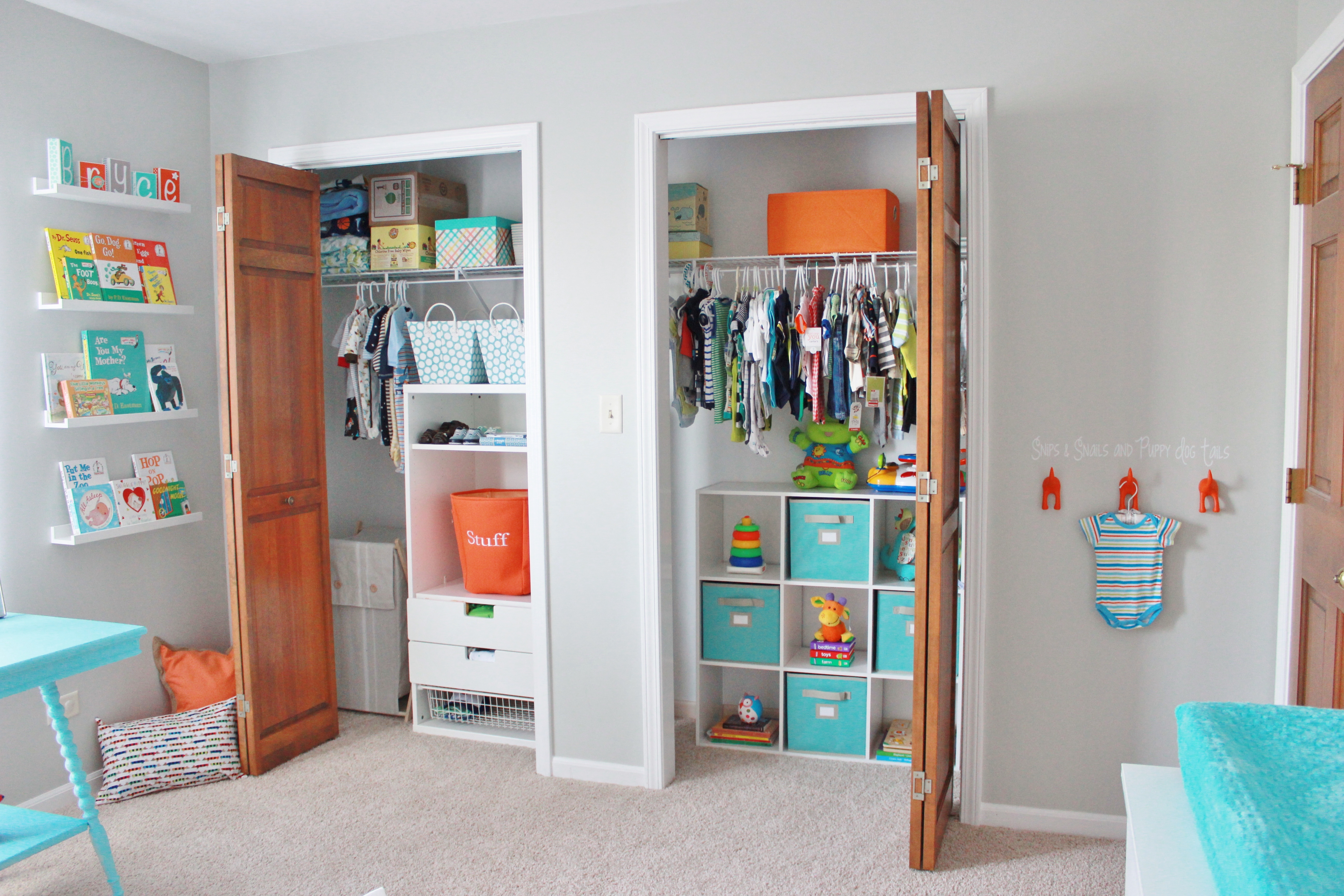 Gray Striped Orange and Aqua Nursery Closet