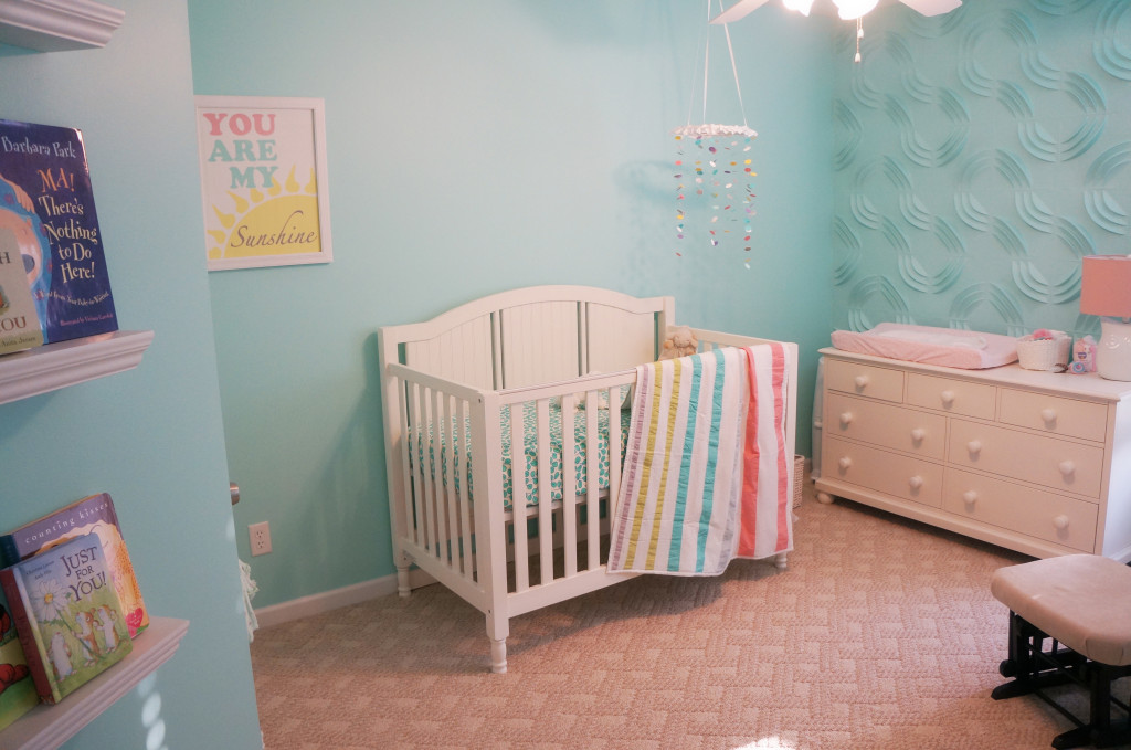 Girl Aqua and 3D Wallpaper Nursery Crib View
