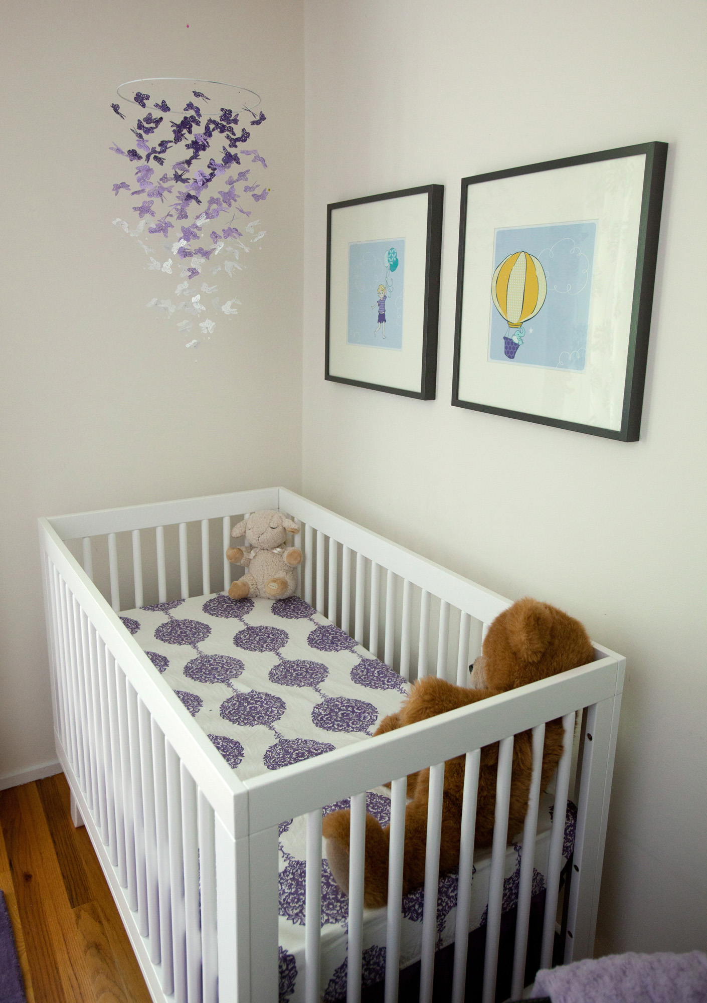 Purple, Aqua, and White Girl Nursery Crib View