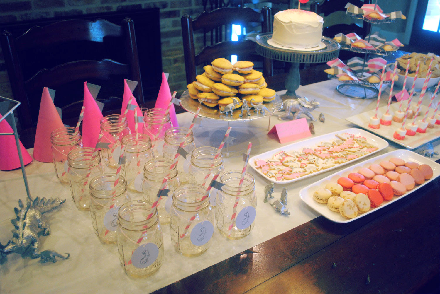 Pink and Silver Dinosaur Party Mason Jars