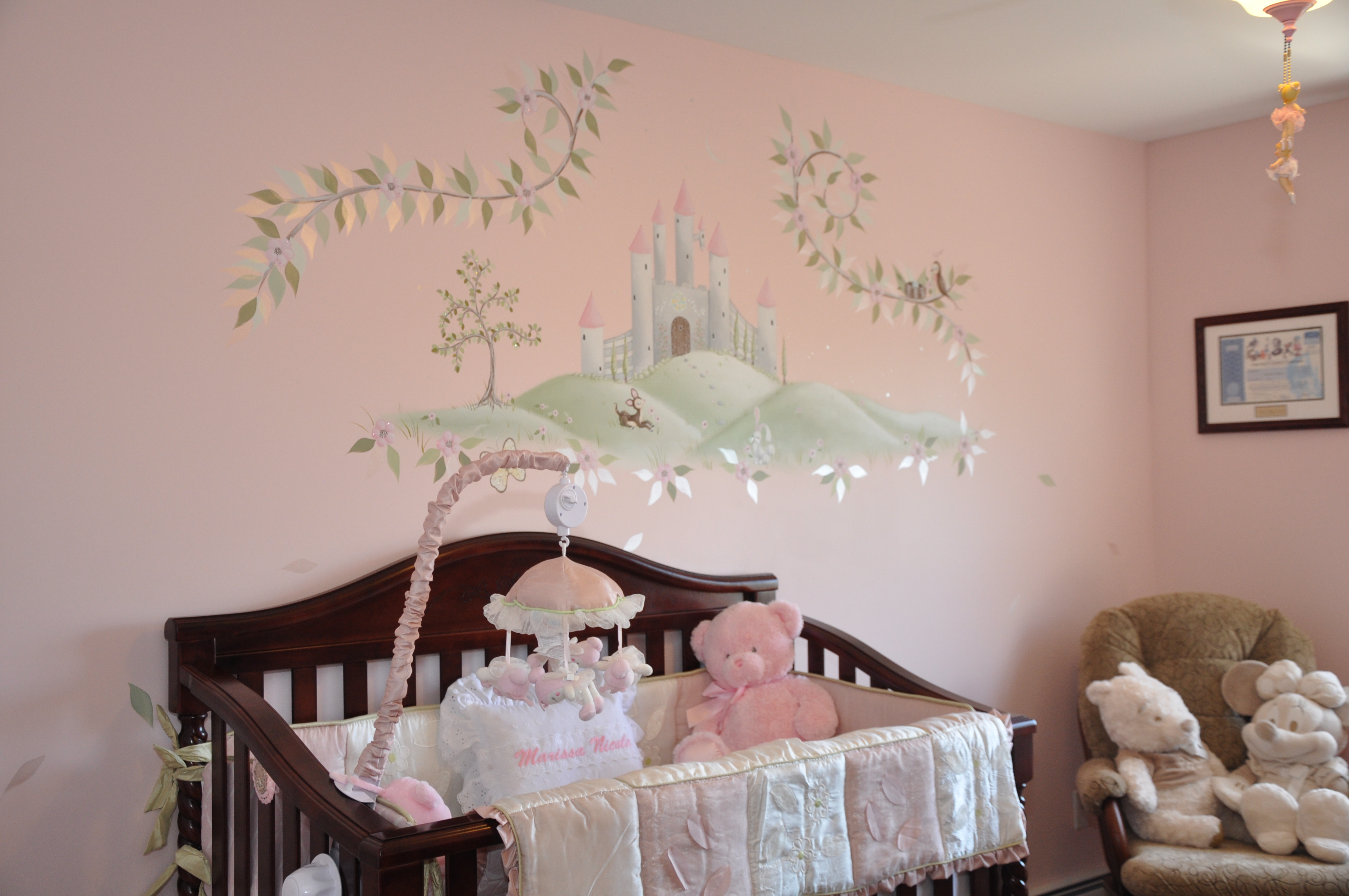 Light Pink Princess Nursery Crib and Mural