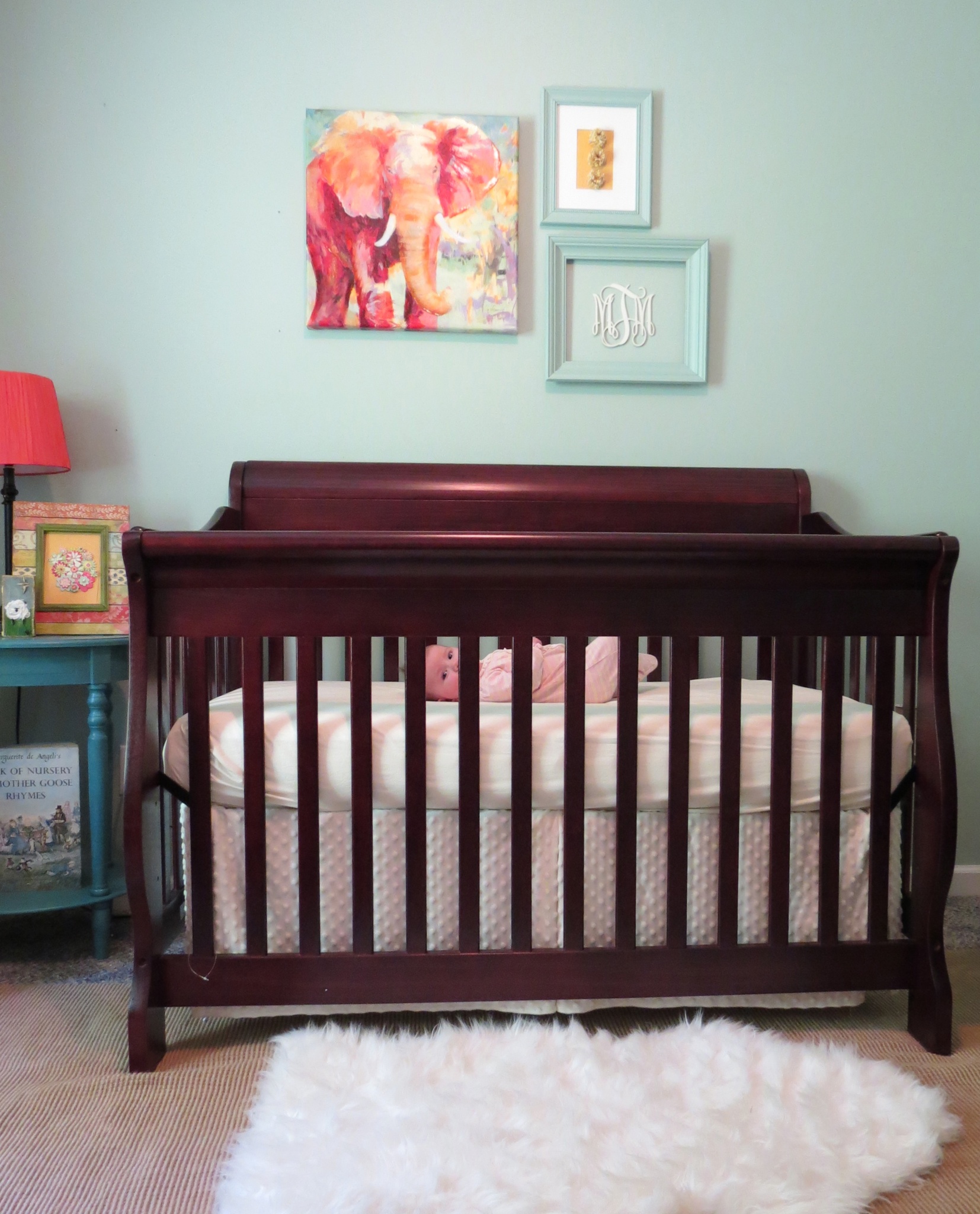 Girl Blue and Coral Nursery Crib View