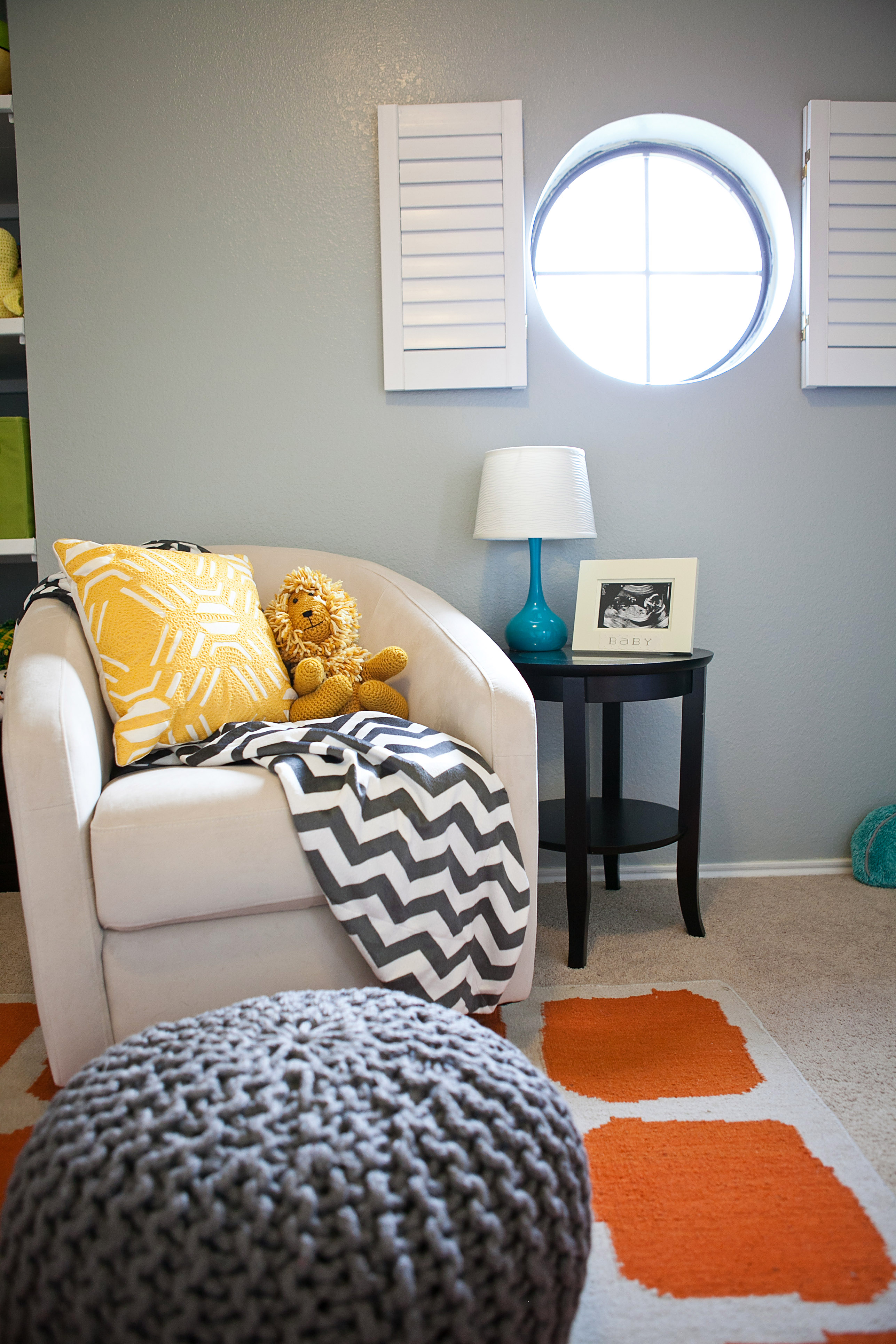 Gray and Orange Eclectic Room Glider View