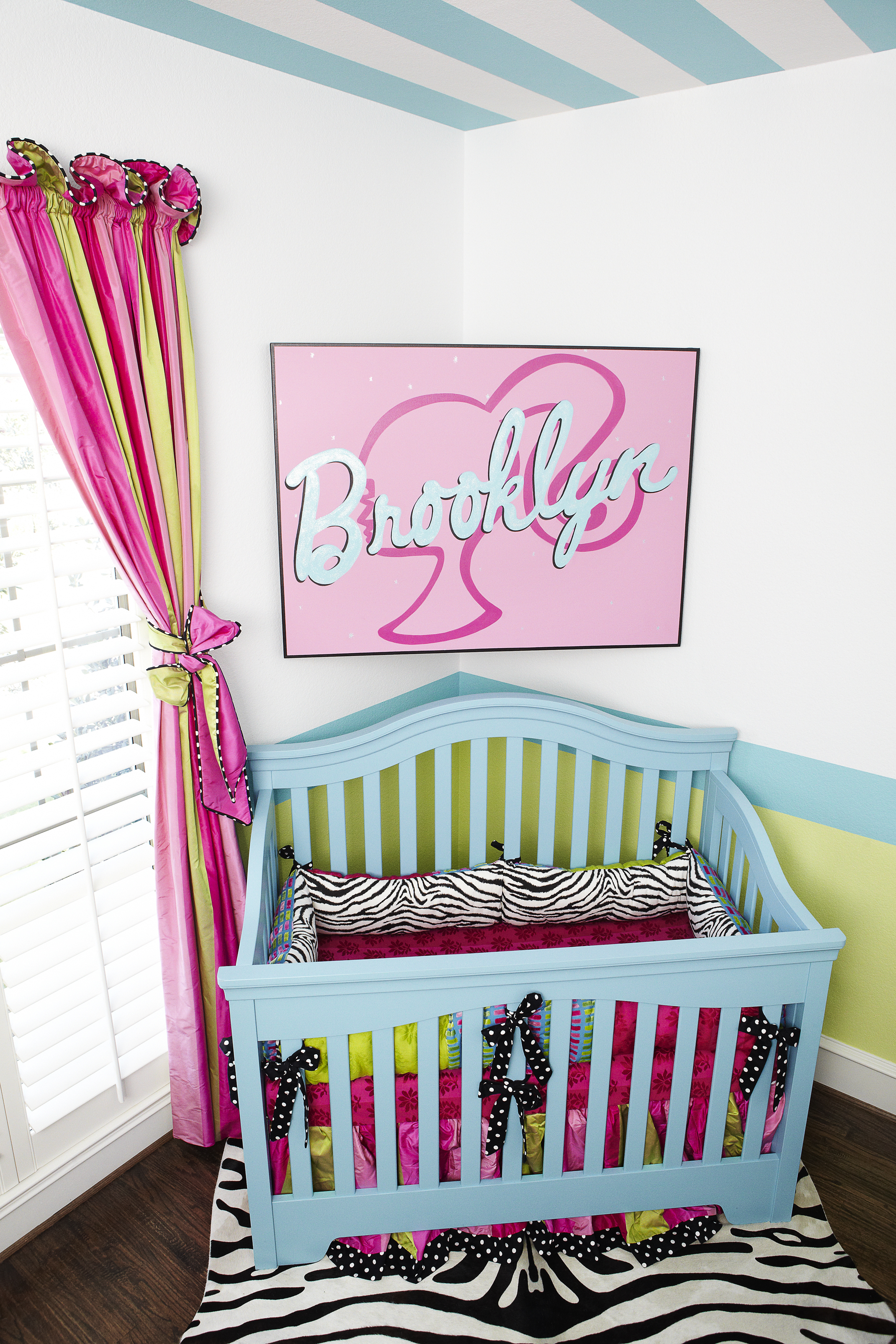 Nursery with Striped Ceilings and Barbie Art Crib