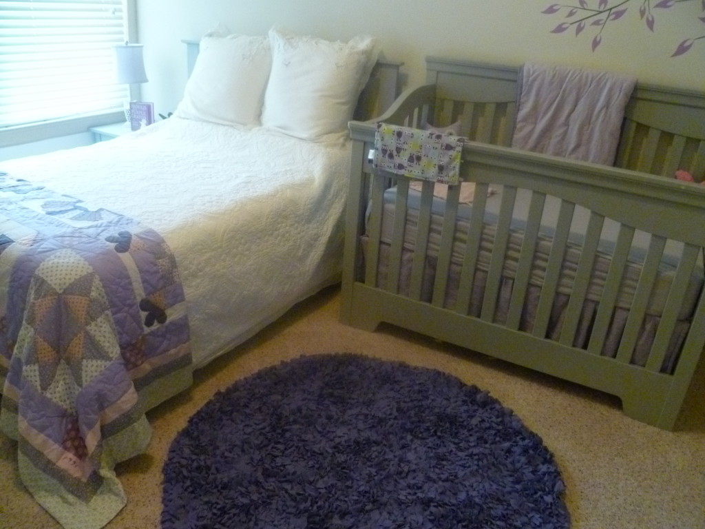 GIrl Gray and Purple Nursery Crib and Bed View