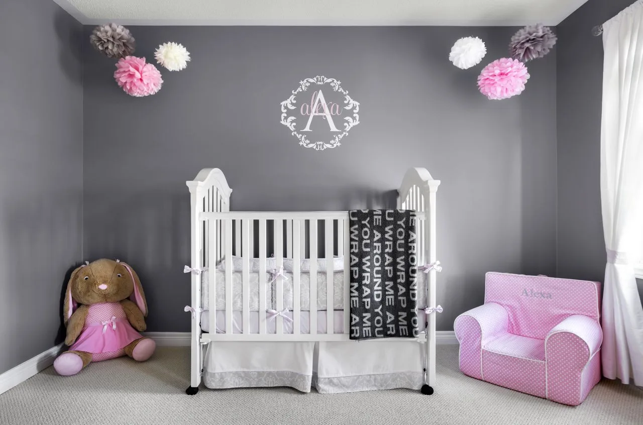 Grey and Pink Girl Nursery Crib View