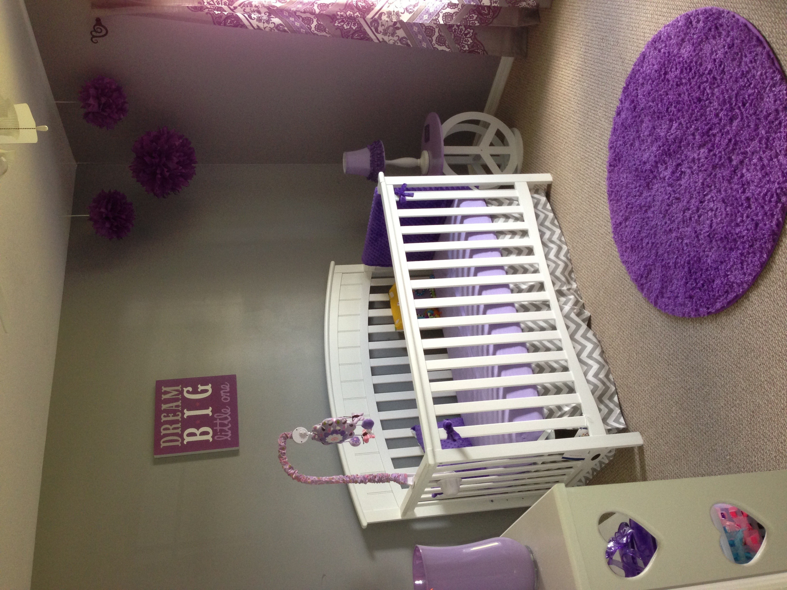 Gray and Purple Nursery Crib View