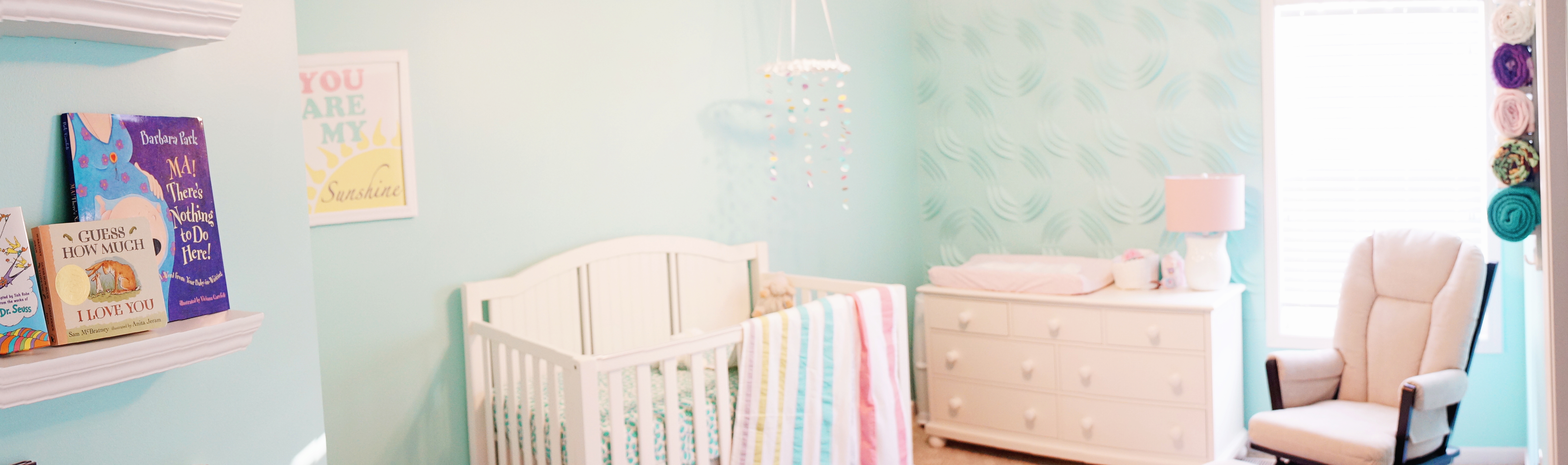 Girl Aqua and 3D Wallpaper Nursery Crib and Glider