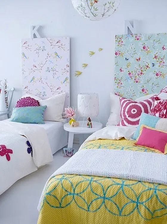 Floral Wallpapered Headboards in Girl's Room