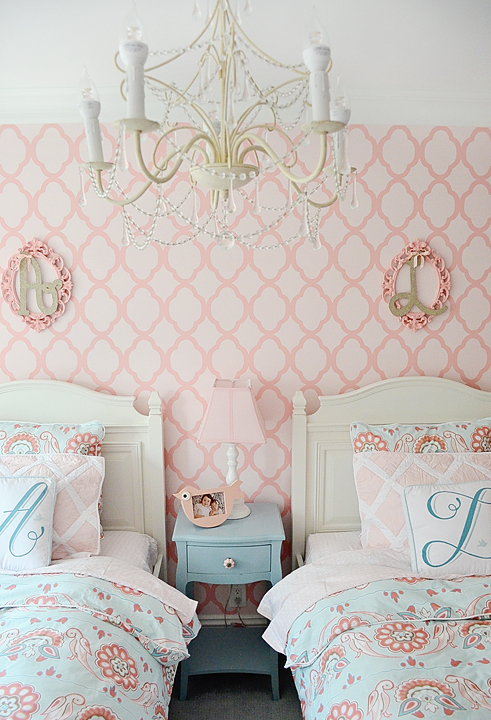 Stenciled Accent Wall for Girls Bedroom