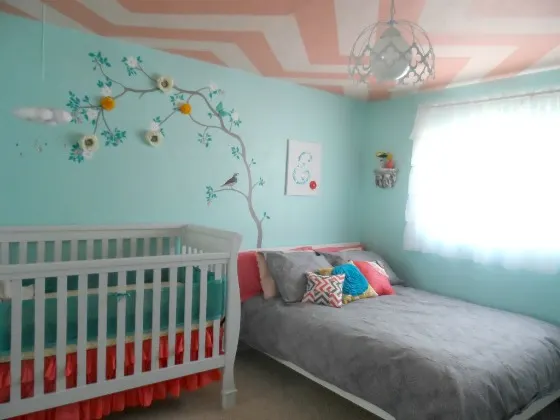 Pink and Aqua Nursery with Chevron Ceiling - Project Nursery