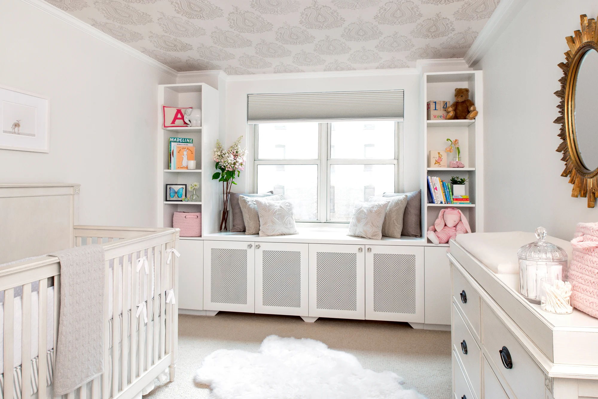 Gray and White Nursery with Wallpapered Ceiling