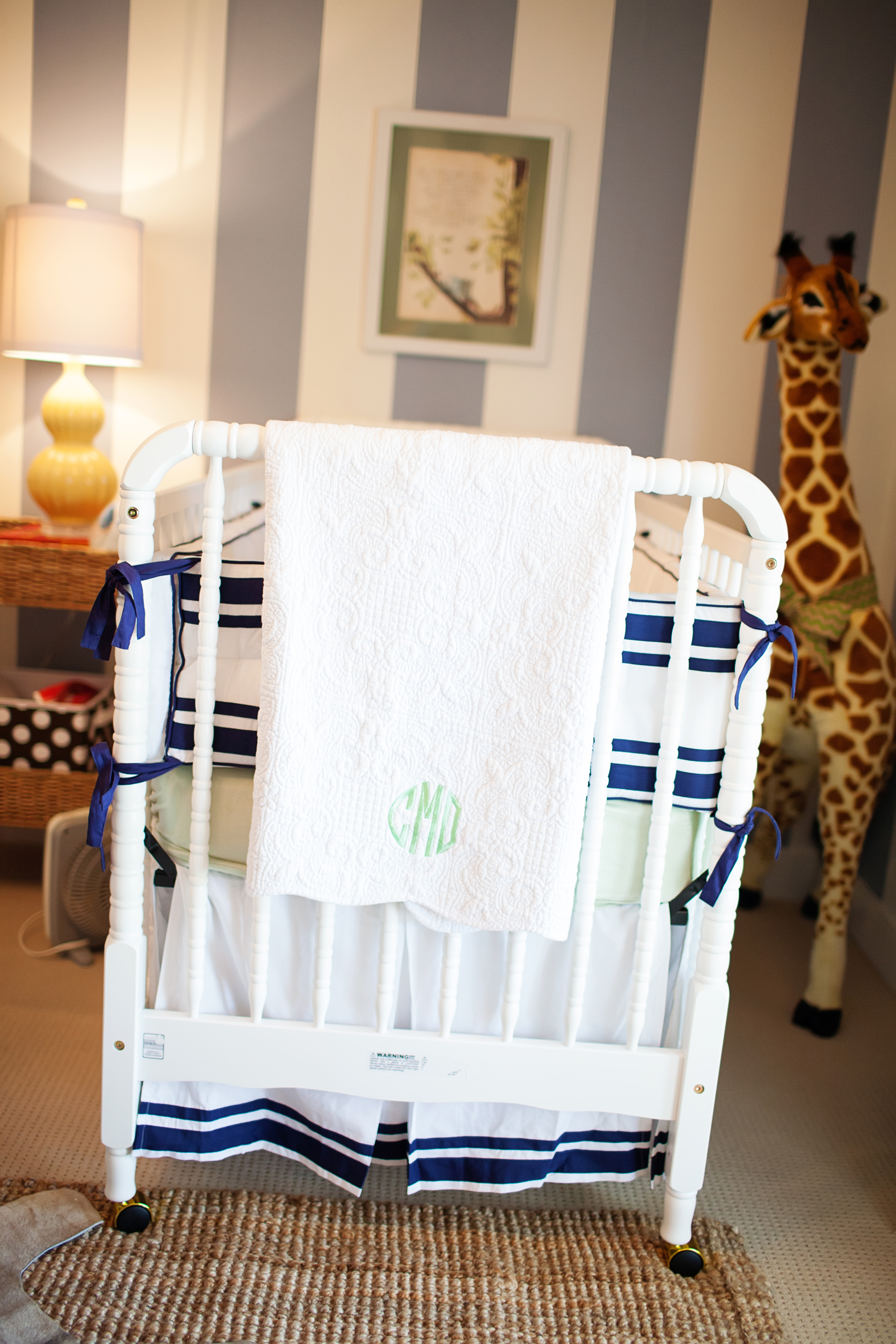 Twin Boy Striped Gray Nursery Crib View