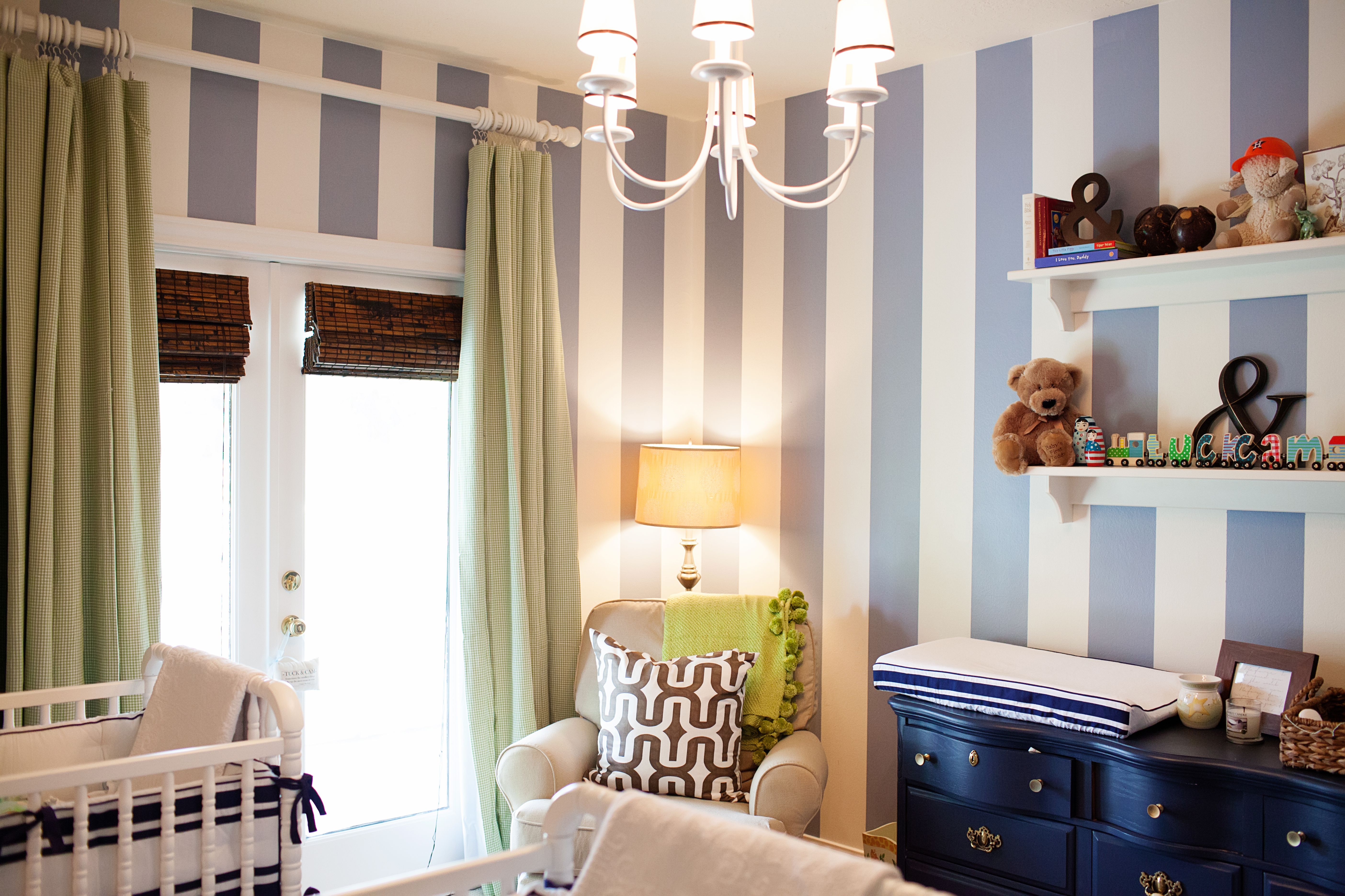 Twin Boy Striped Gray Nursery Room View