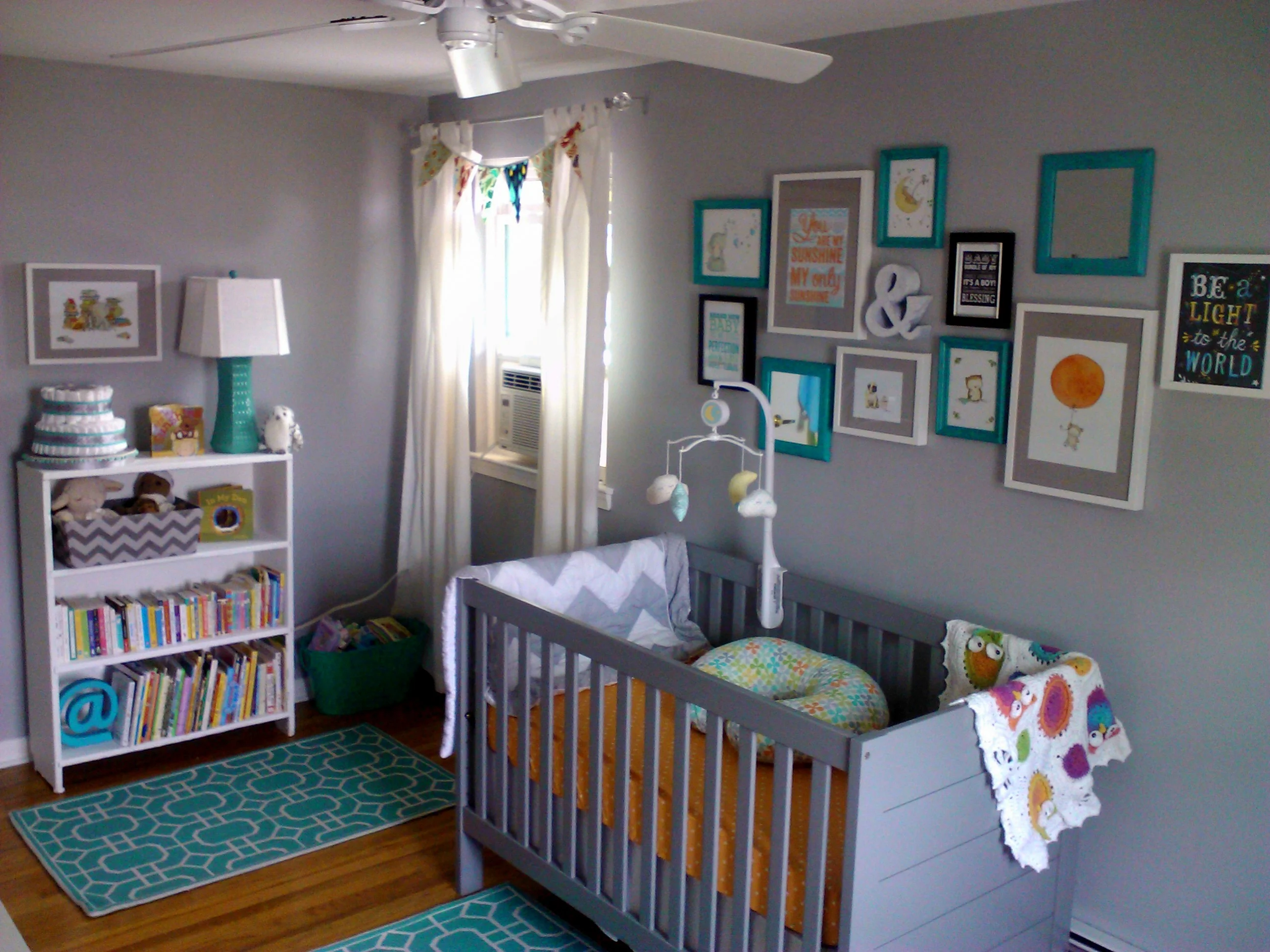 Eclectic Gray and Turquoise Nursery Crib View