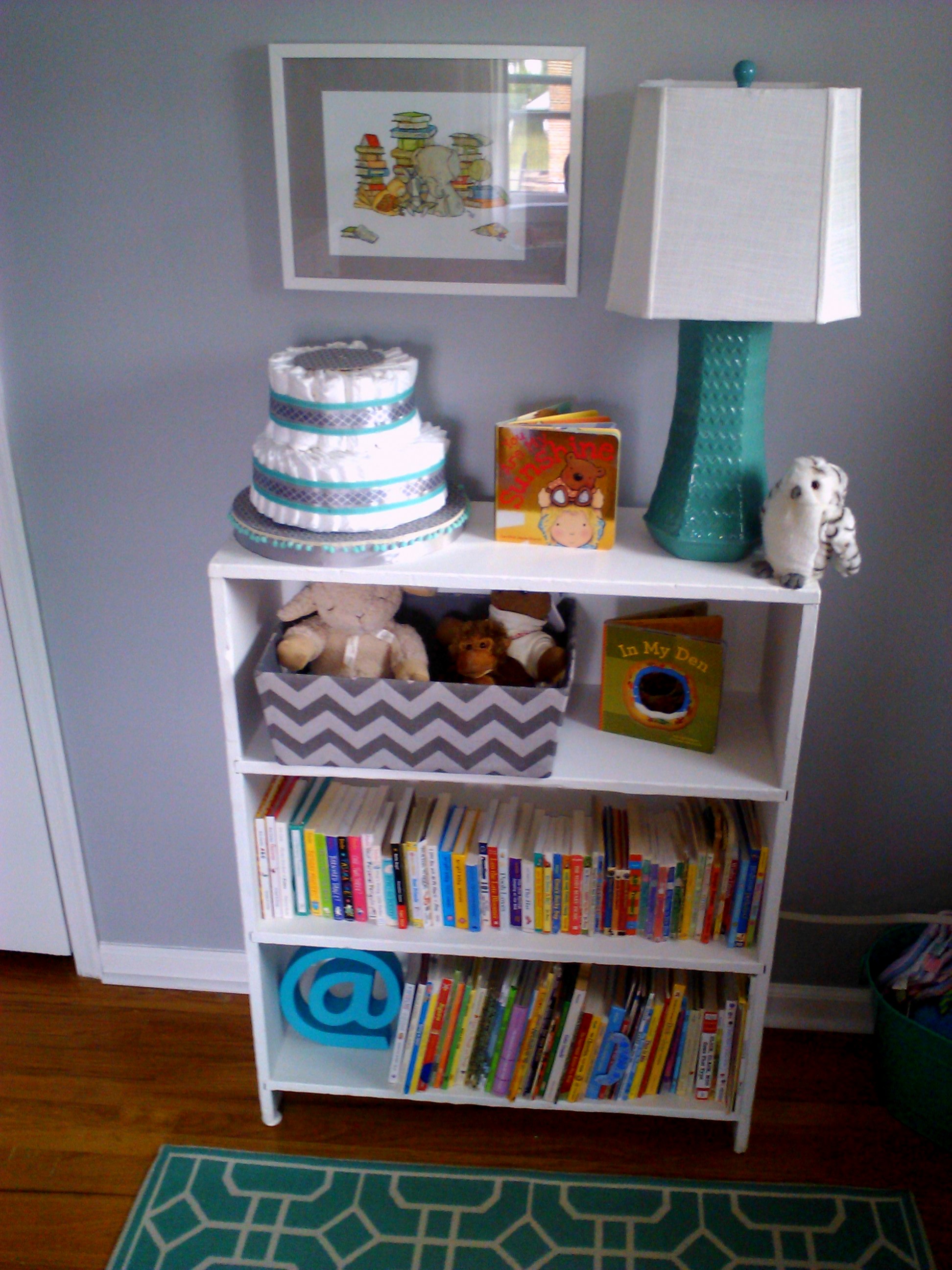 Eclectic Gray and Turquoise Nursery Bookshelf