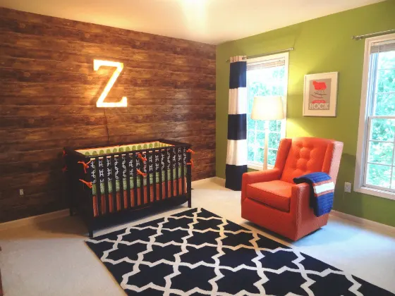 Modern Green and Orange Nursery with Wood Accent Wall and Lighted Letter Art - Project Nursery