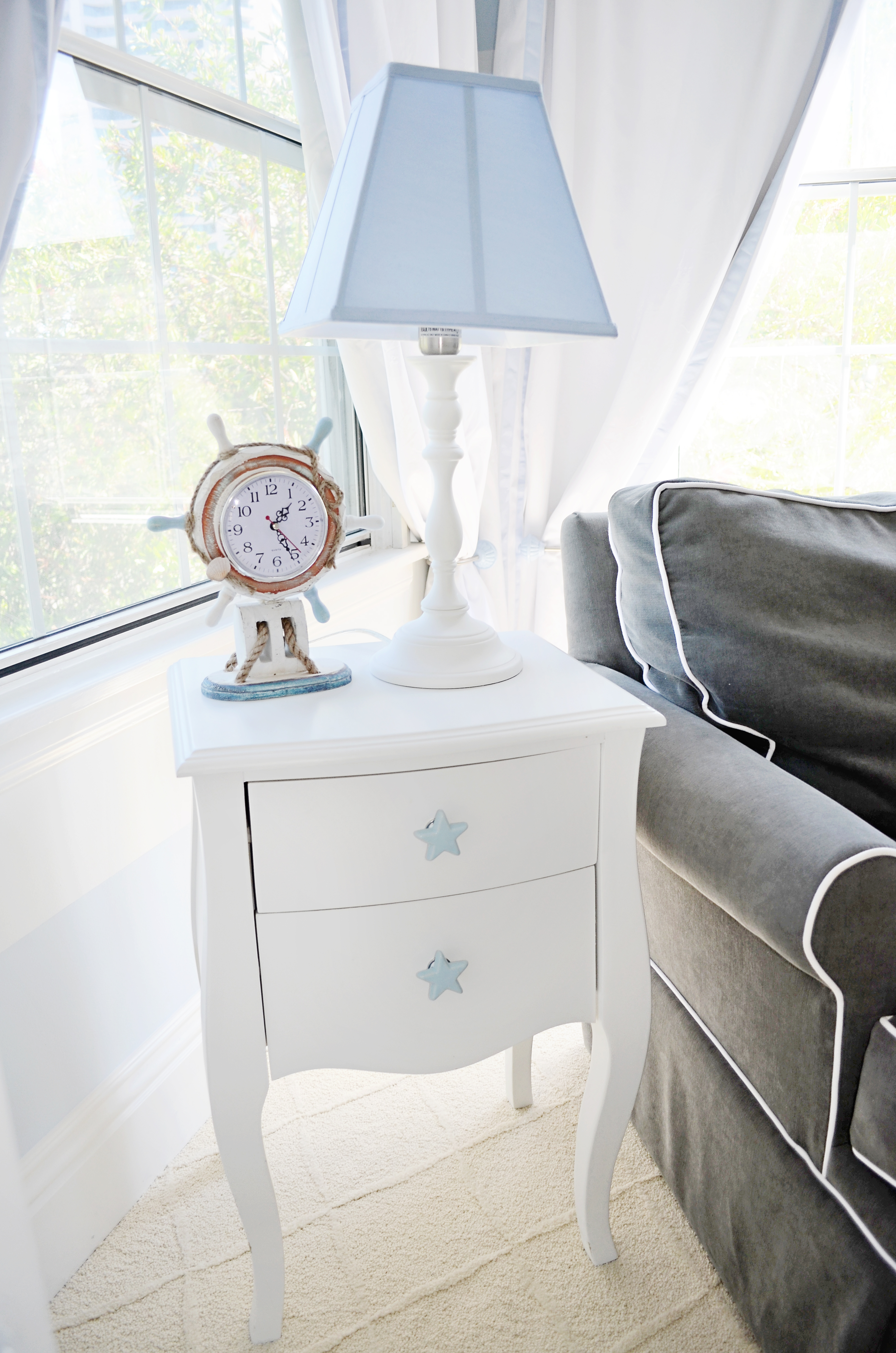 White Nightstand with Blue Star Knobs and Ship Wheel Pulley Rope Nautical Clock