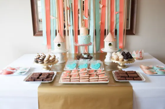 Bird-Themed Aqua and Coral Birthday Party Dessert Table - Project Nursery