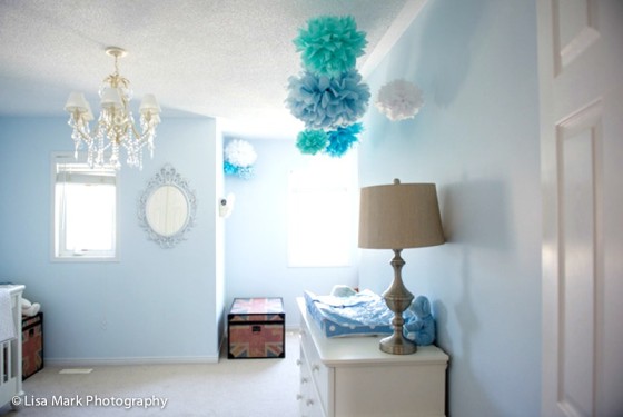 Baby Blue Nursery with Chandelier and Paper Poms - Project Nursery