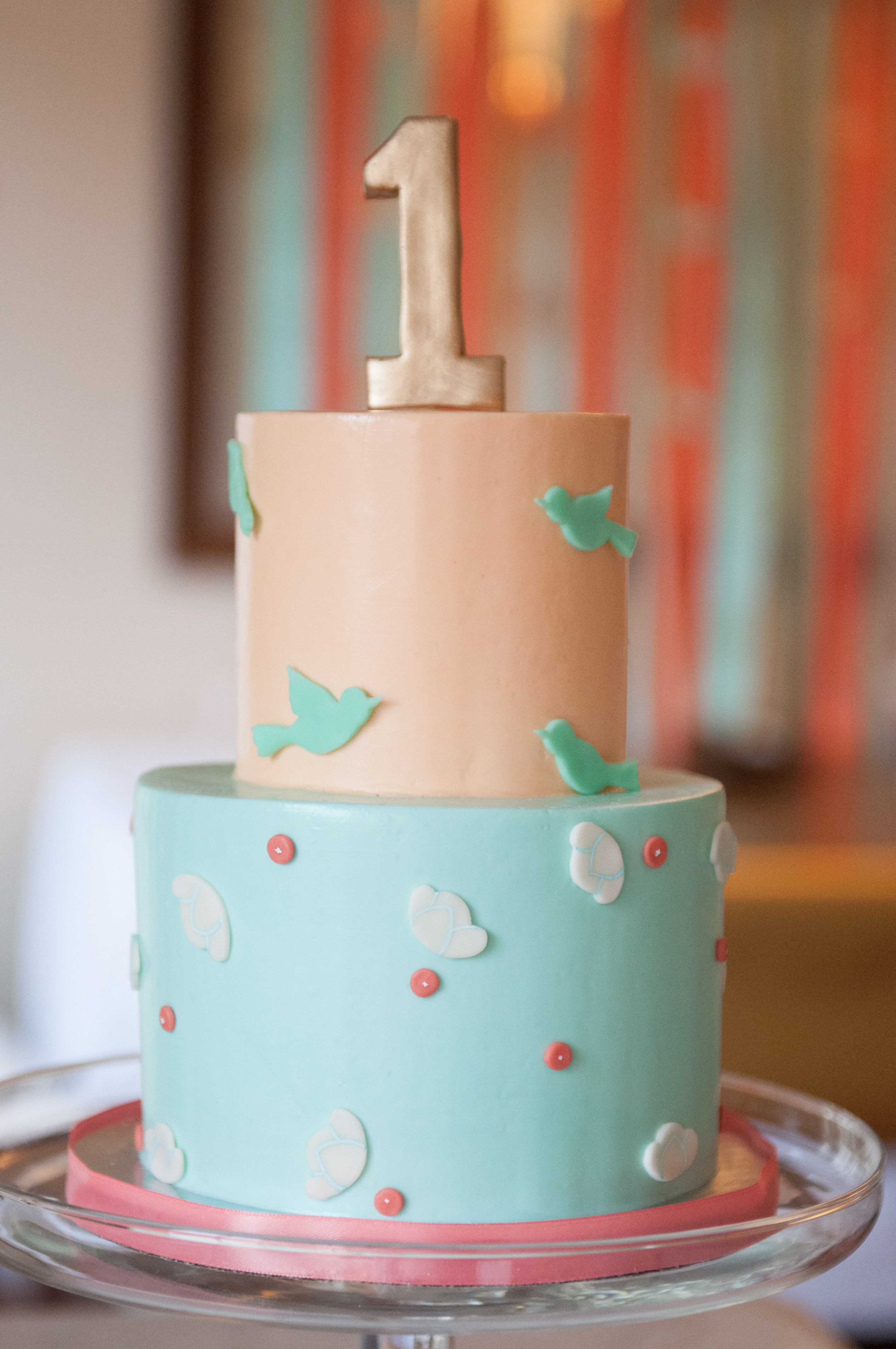 Peach and Sea Foam Blue Birdie First Birthday Cake