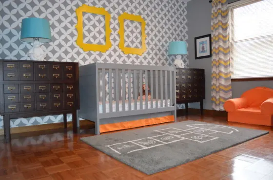 Gray and Orange Nursery with Card Catalogs - Project Nursery