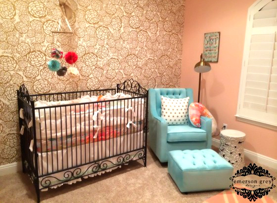 Gold and Coral Nursery with Floral Wallpaper Accent Wall - Project Nursery