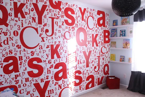 Painted Alphabet Wall in Bold Red and Black Nursery