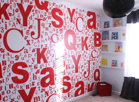 Painted Alphabet Wall in Bold Red and Black Nursery