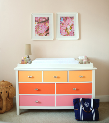 White Dresser with Pink and Orange Painted Drawer Fronts