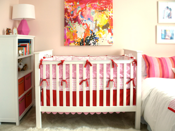 White Crib with Pink and Red Bedding