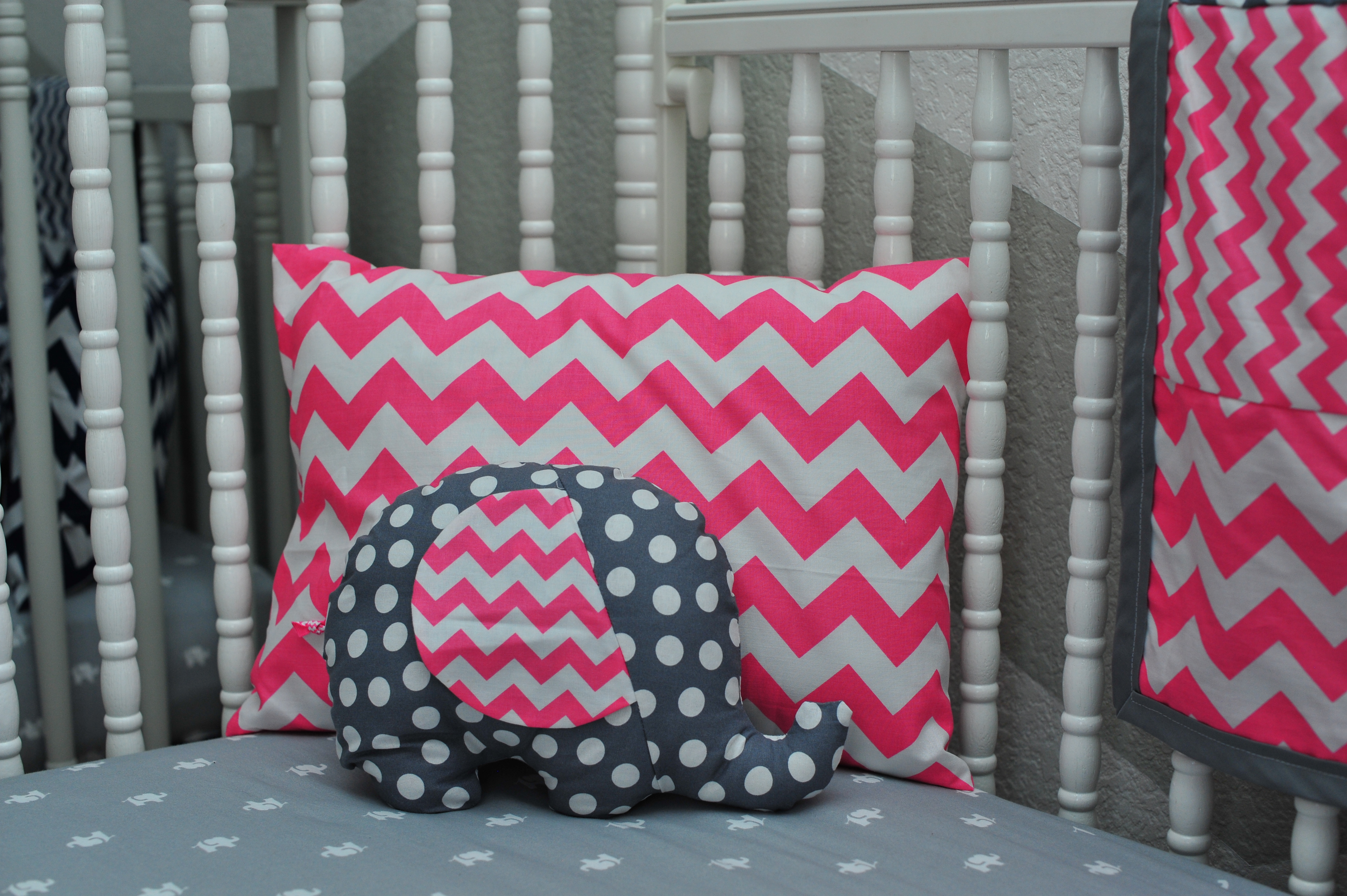 Pink Chevron Pillow and Grey Polka Dot Elephant Pillow