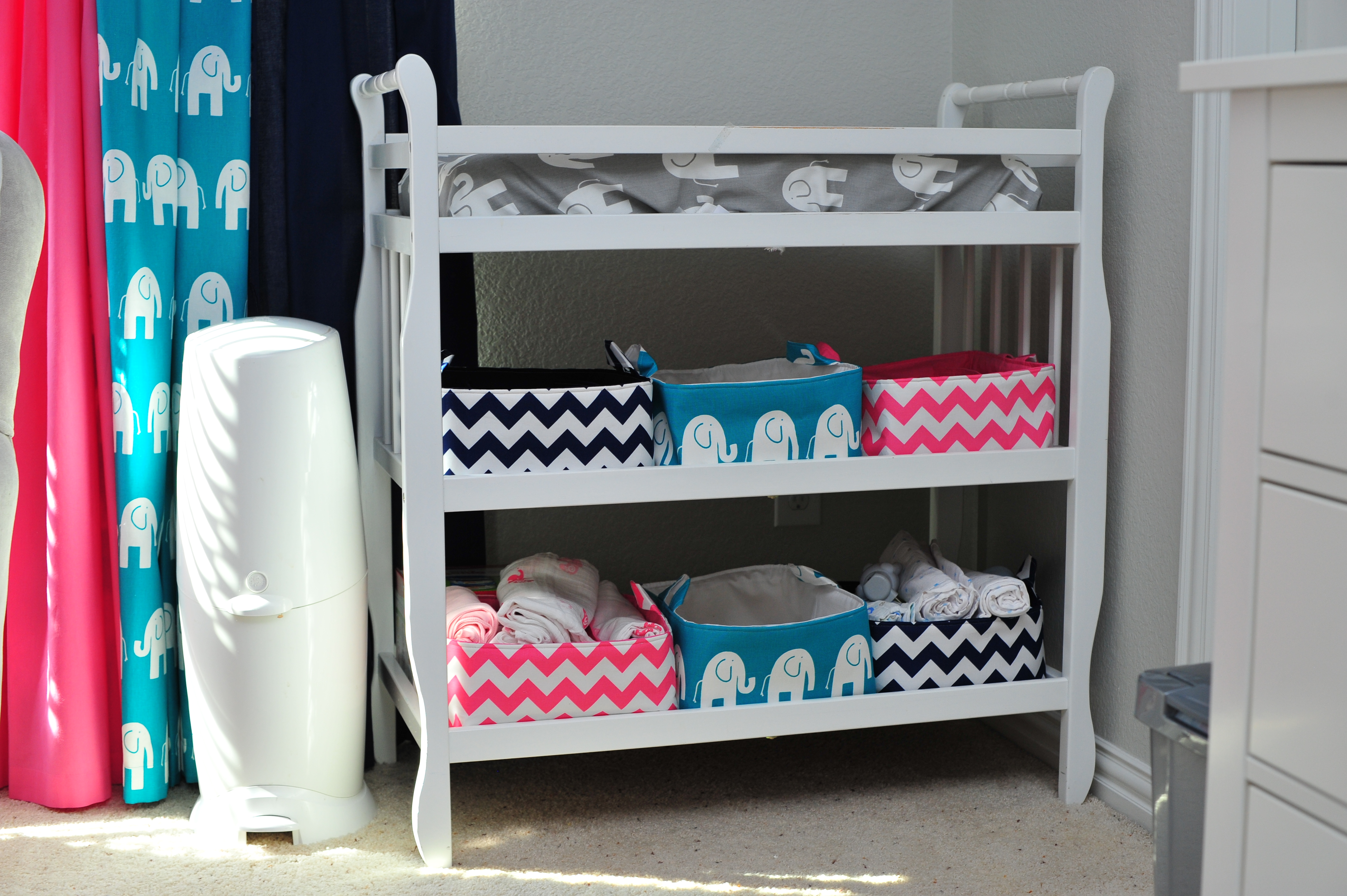 Pink and Black Chevron Baskets for Baby Changing Table