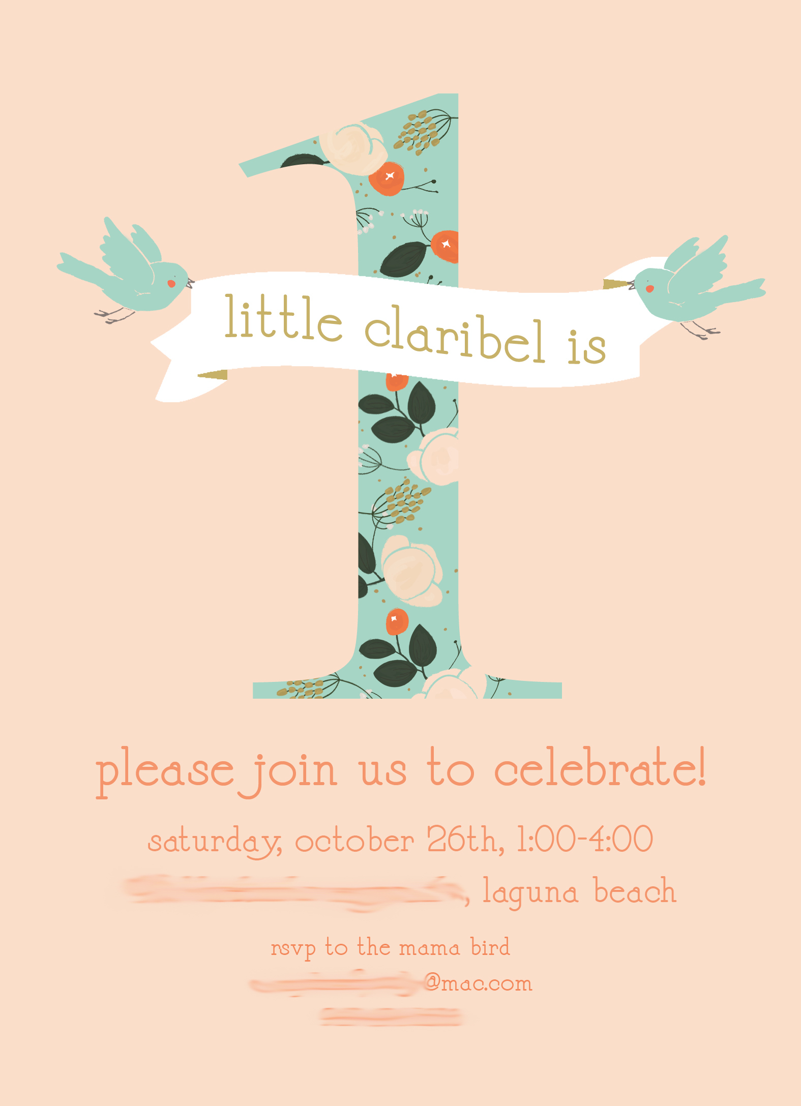 Peach First Birthday Birdie Invitation