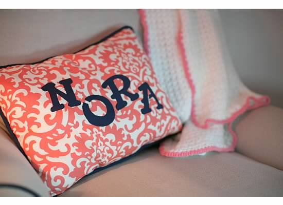 Personalized Coral and Navy Nursery Throw Pillow