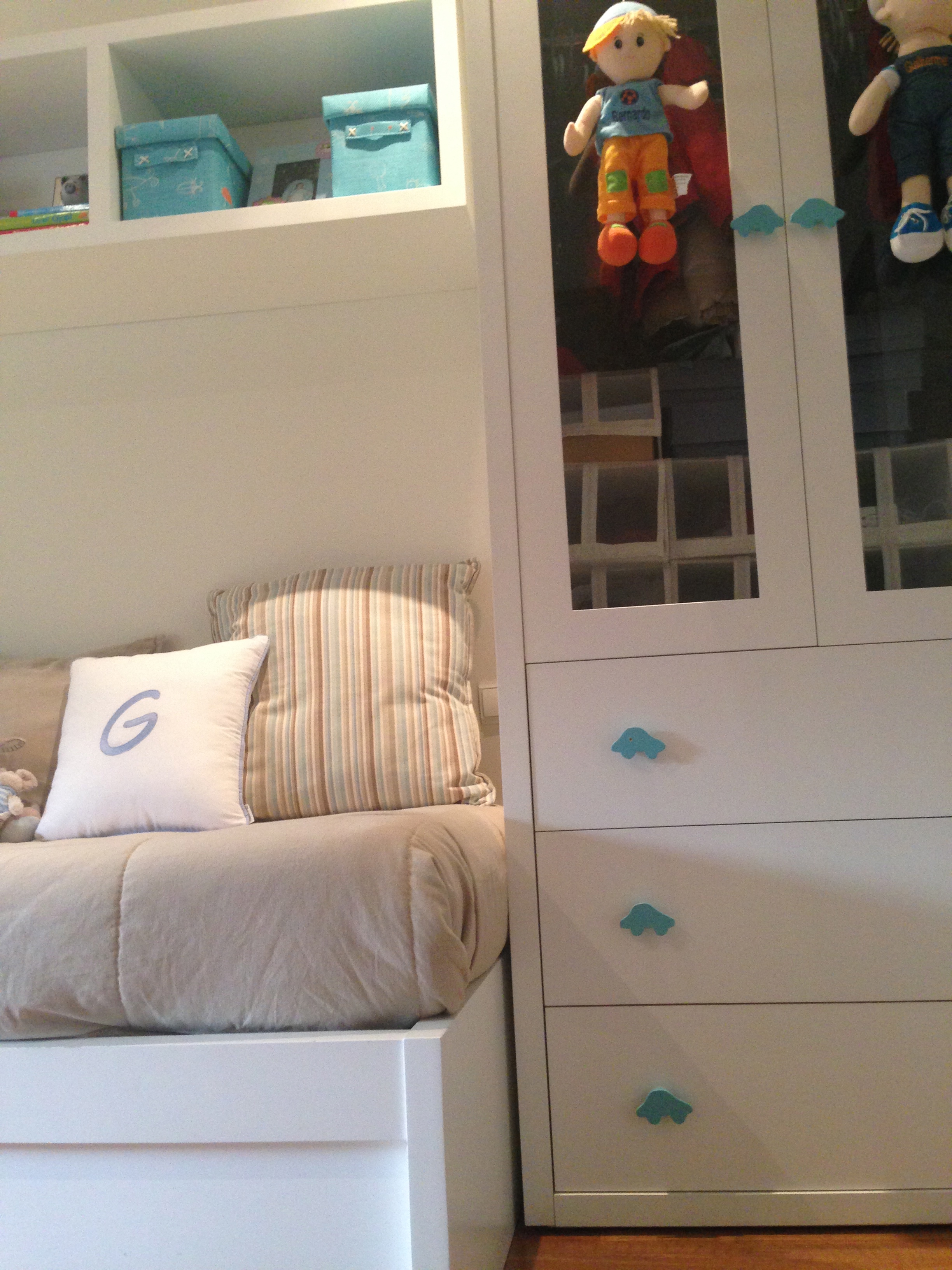 White Storage Cabinets with Blue Car Dresser Knobs