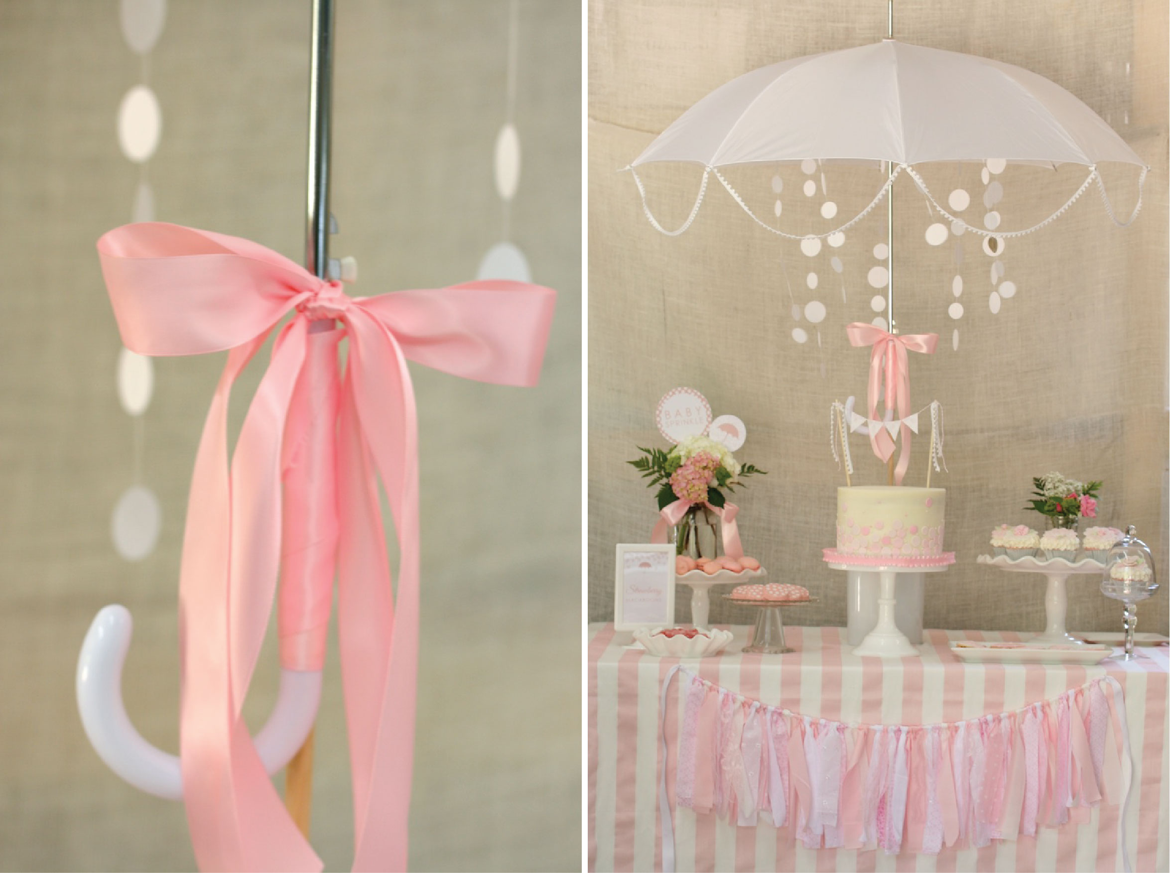 White Umbrella Centerpiece with 2 Inch Circles Hanging