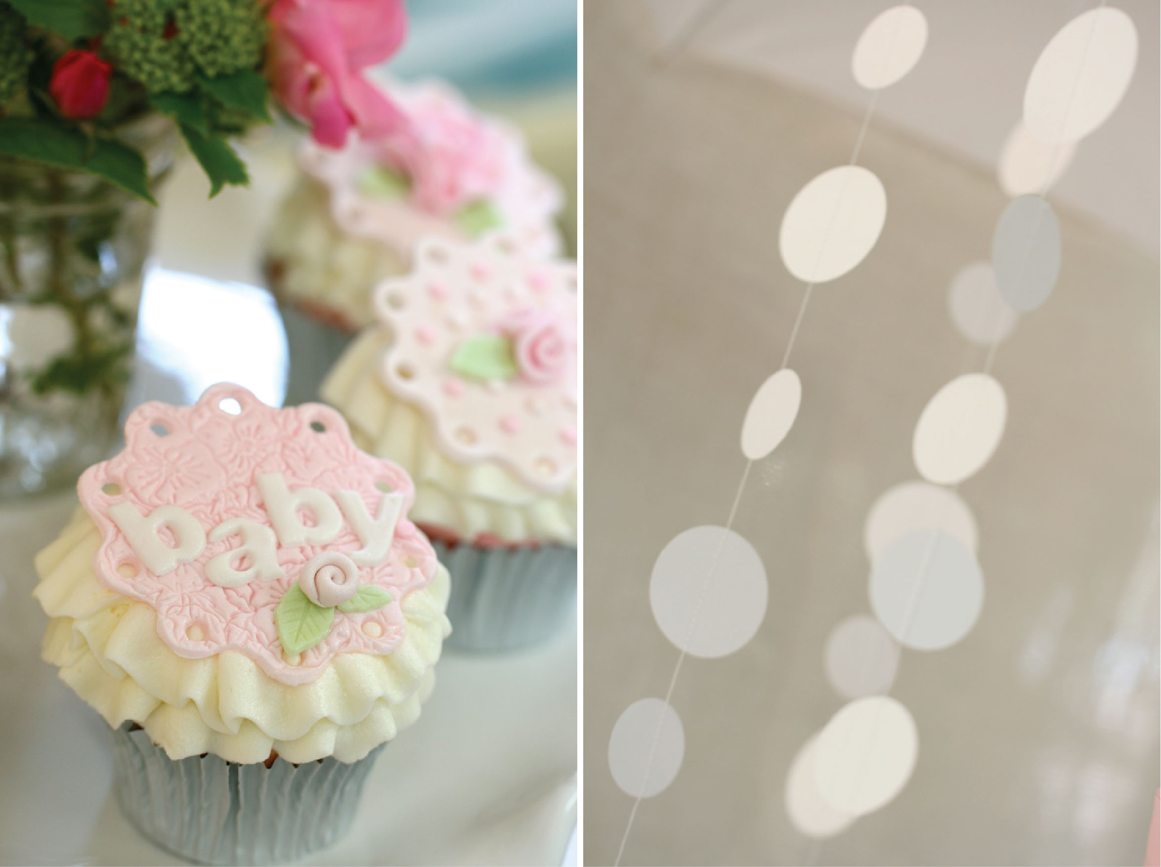 2 Inch Circles Sewn Together and Pink and White Baby Shower Cupcakes