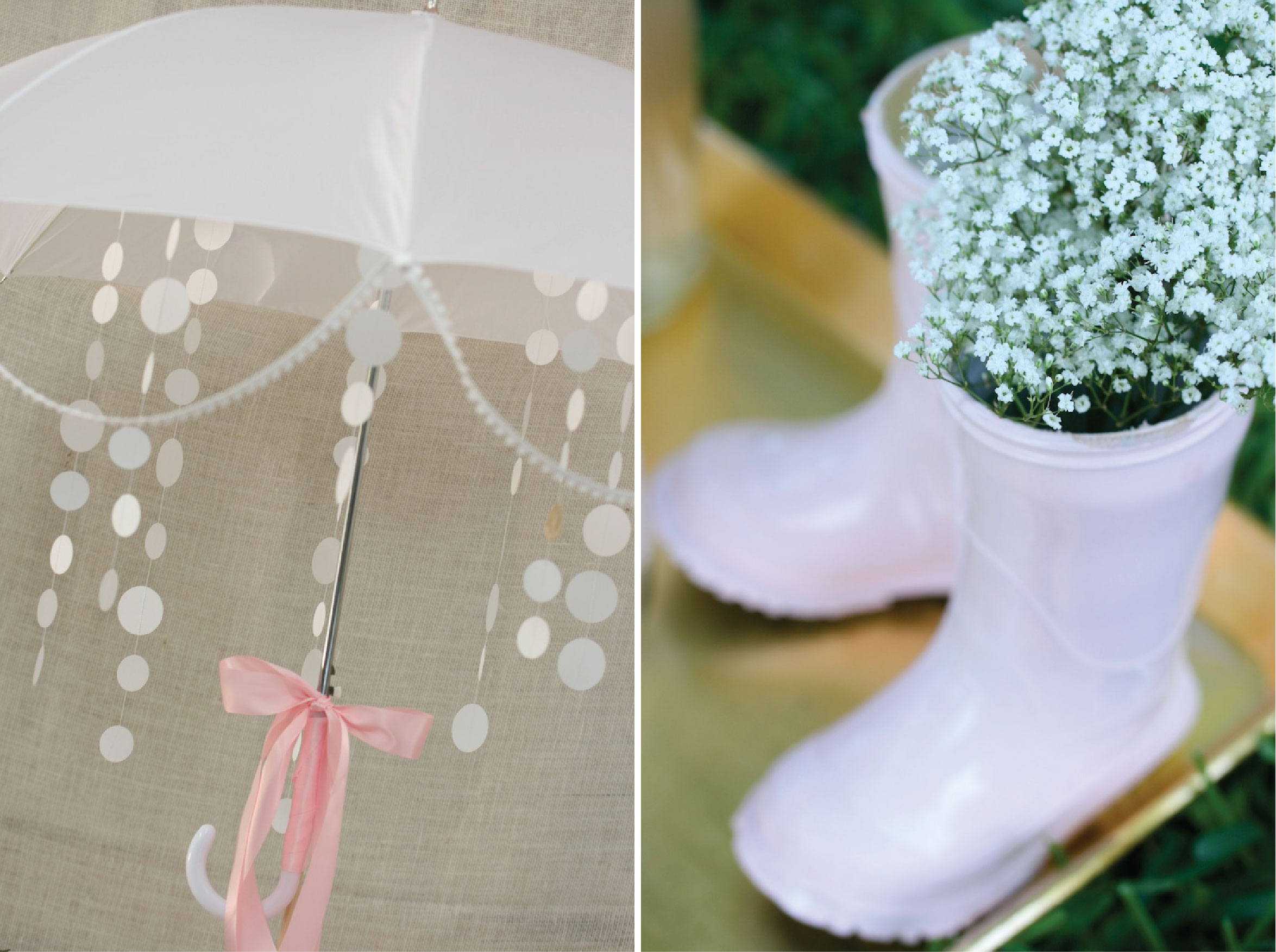 Light Pink Spray Painted Rain Boots as a Vase for the Babies Breath