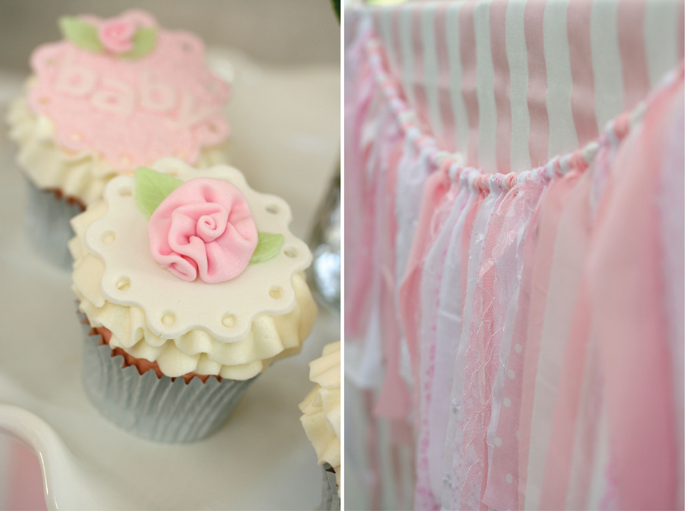 Pink and White Baby Shower Cupcakes and Fringe Banner