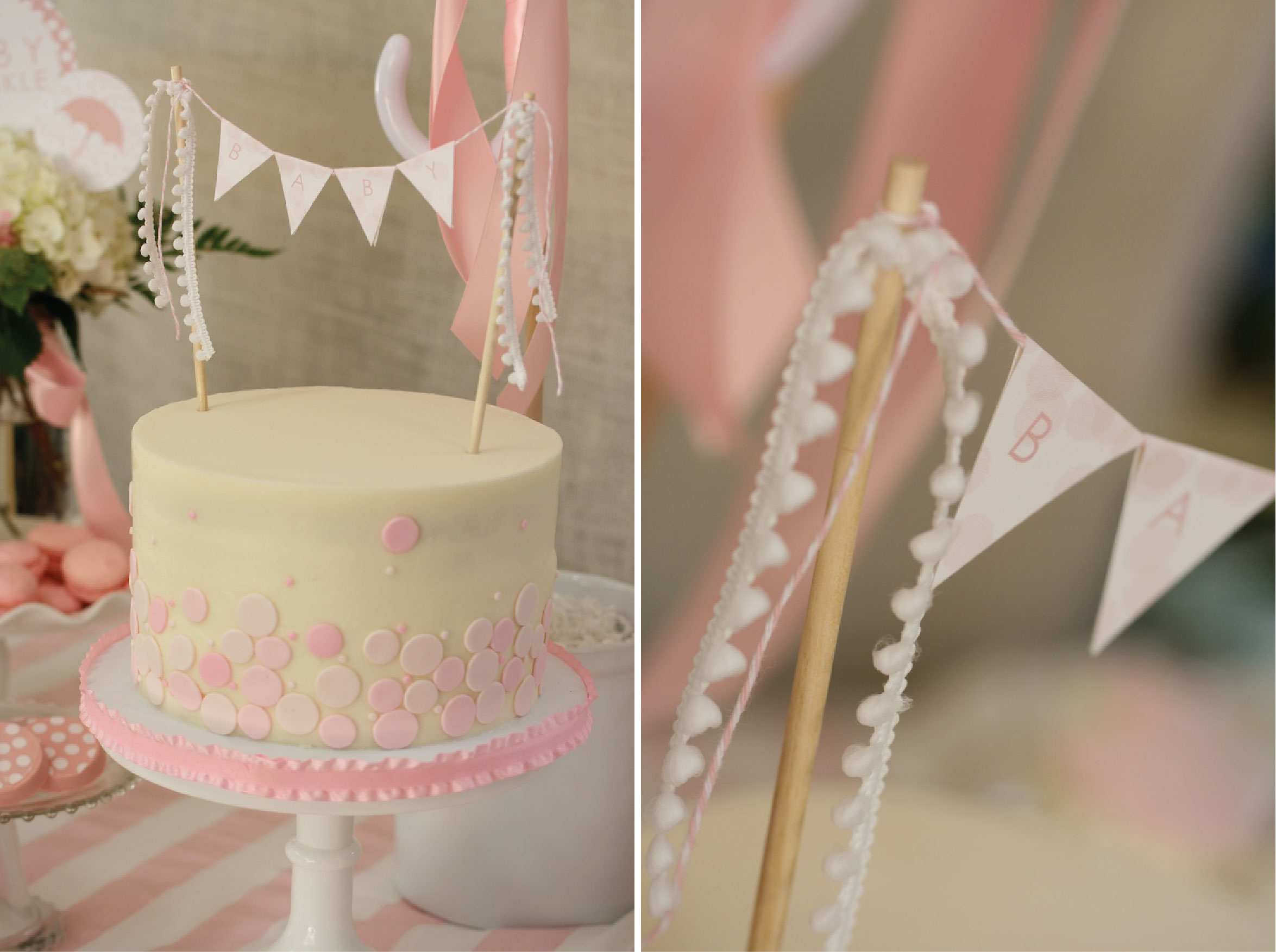 Pink and White Baby Shower Cake with Banner Cake Topper