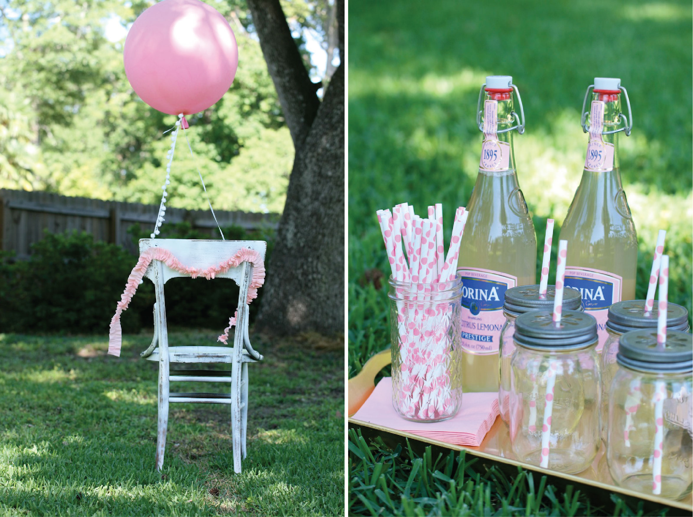 Baby Shower Chair Decorated with Pink Balloon and Mason Jar Lemonade