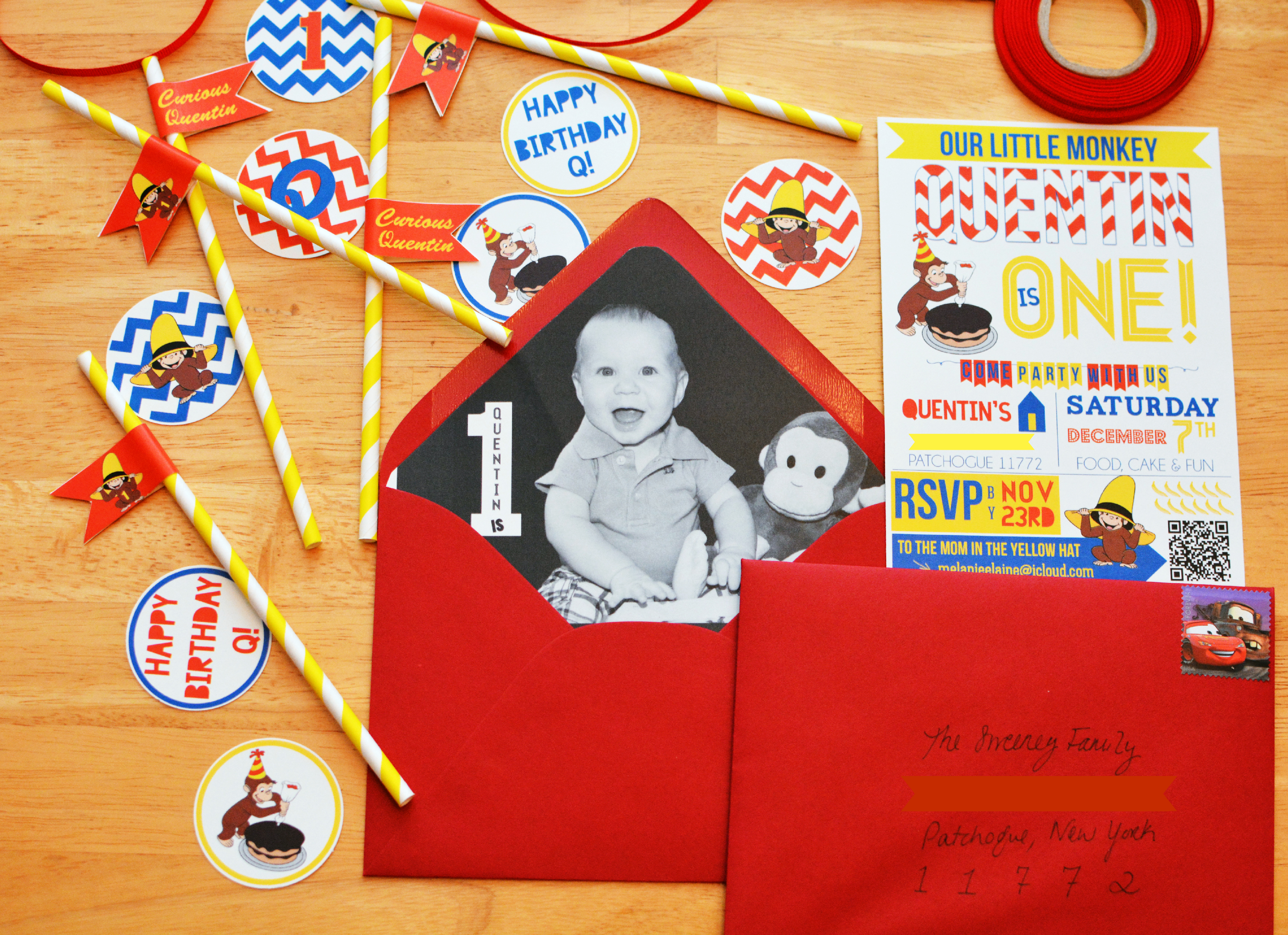 Curious George Themed First Birthday Invitations