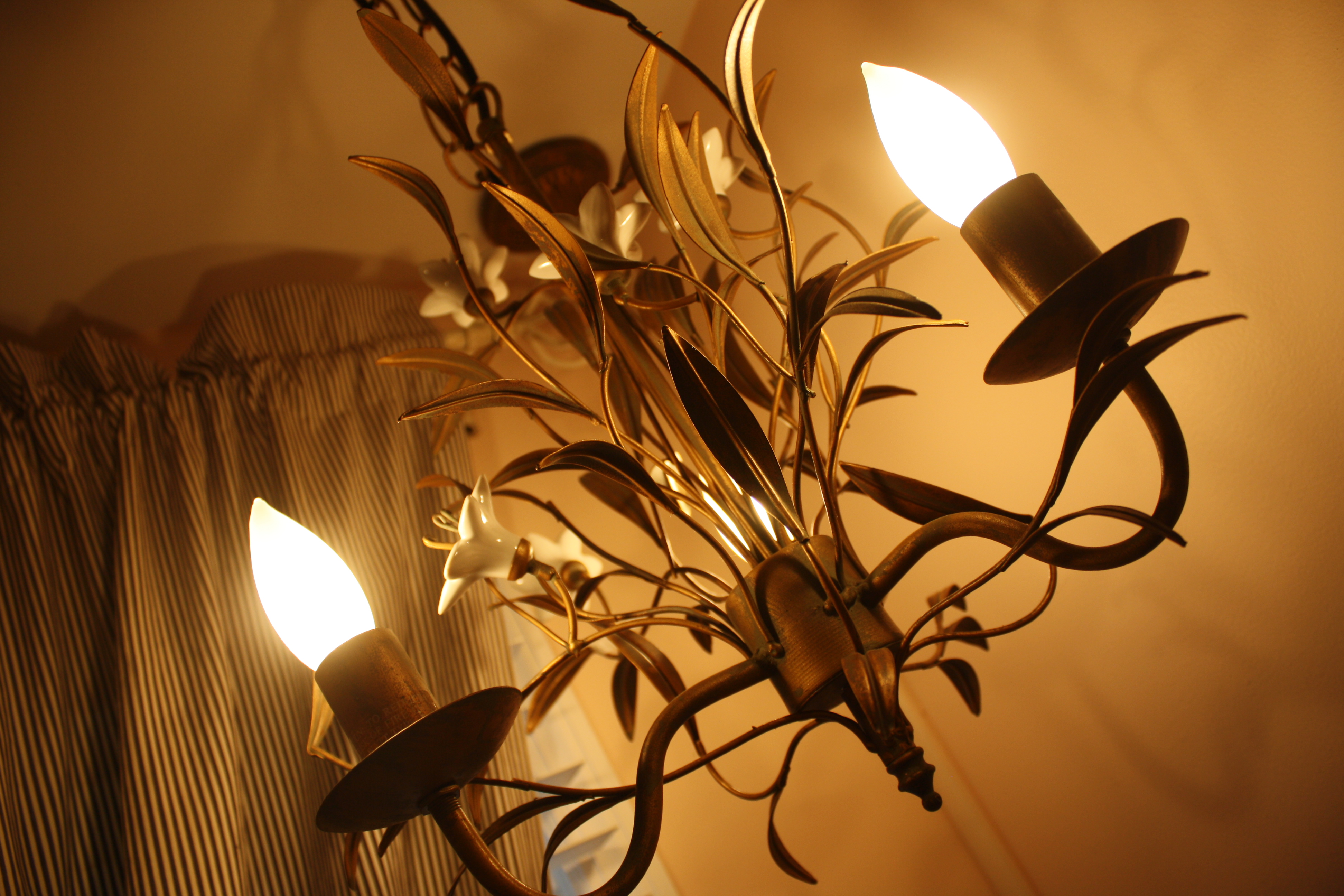 Gold Chandelier with White Glass Flowers